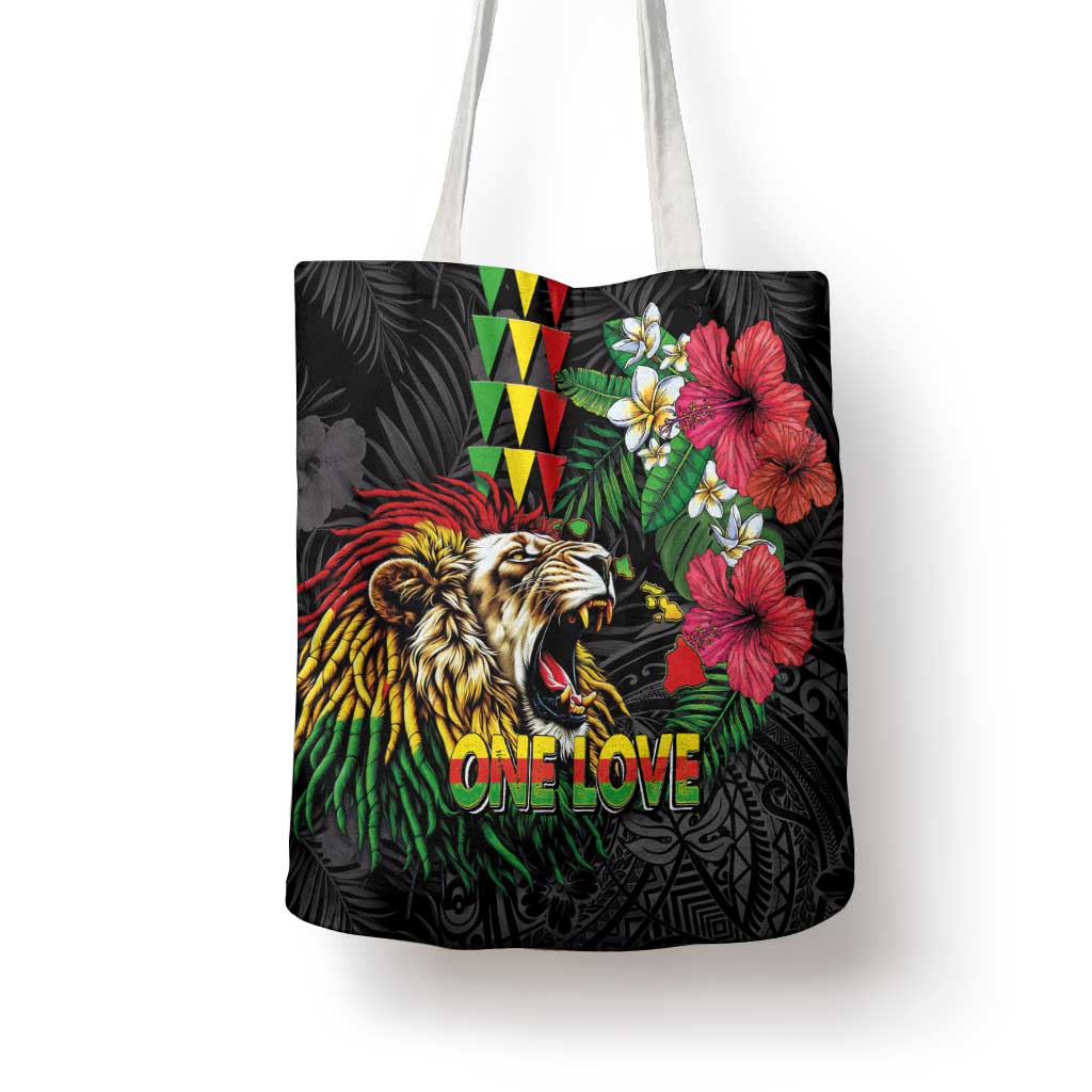 Hawaiian One Love Tote Bag Reggae Lion Tropical Plants and Kakau with Tribal Pattern