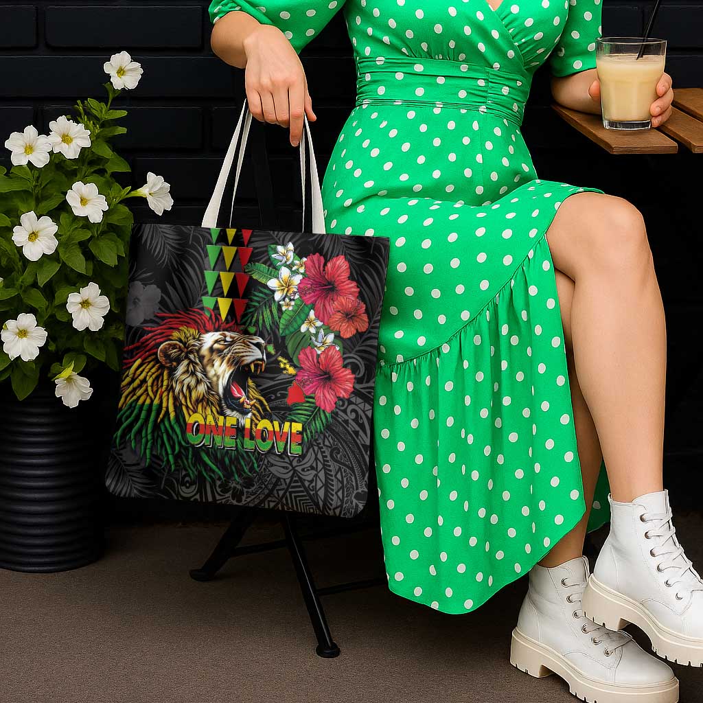 Hawaiian One Love Tote Bag Reggae Lion Tropical Plants and Kakau with Tribal Pattern