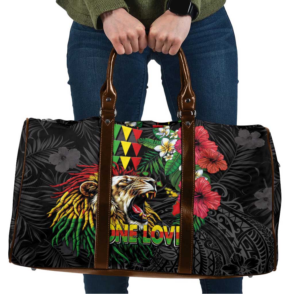 Hawaiian One Love Travel Bag Reggae Lion Tropical Plants and Kakau with Tribal Pattern