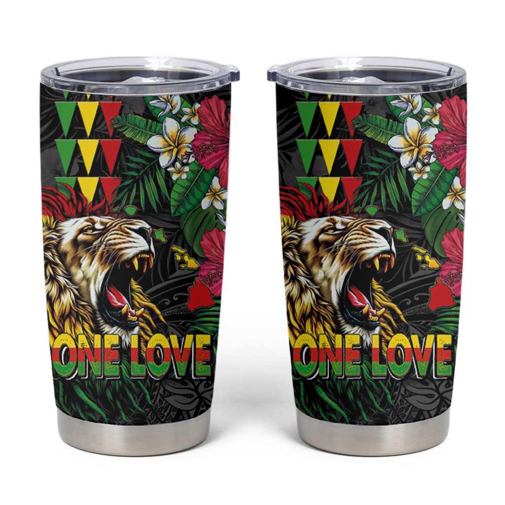 Hawaiian One Love Tumbler Cup Reggae Lion Tropical Plants and Kakau with Tribal Pattern