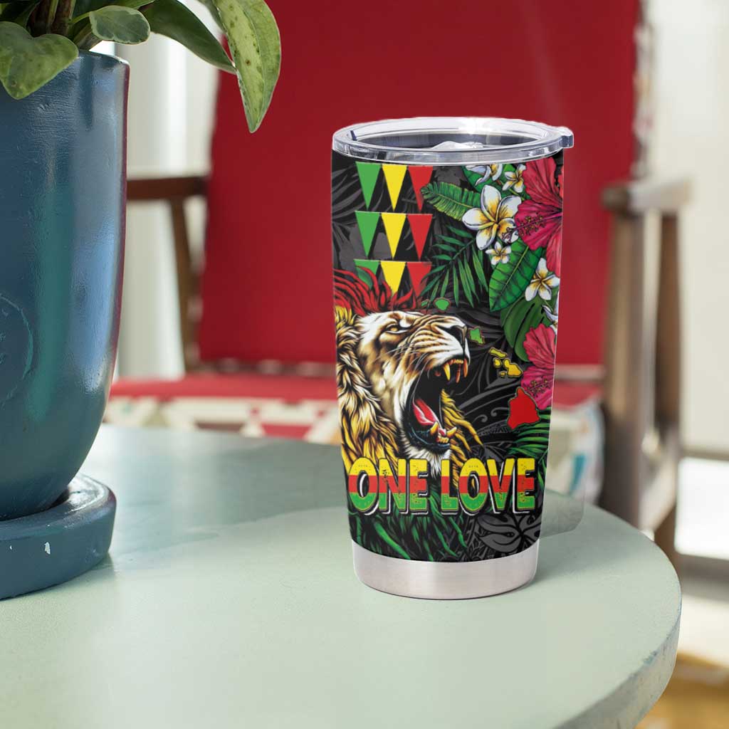 Hawaiian One Love Tumbler Cup Reggae Lion Tropical Plants and Kakau with Tribal Pattern