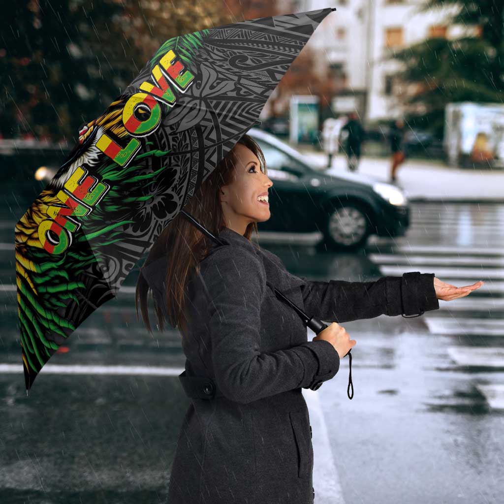 Hawaiian One Love Umbrella Reggae Lion Tropical Plants and Kakau with Tribal Pattern