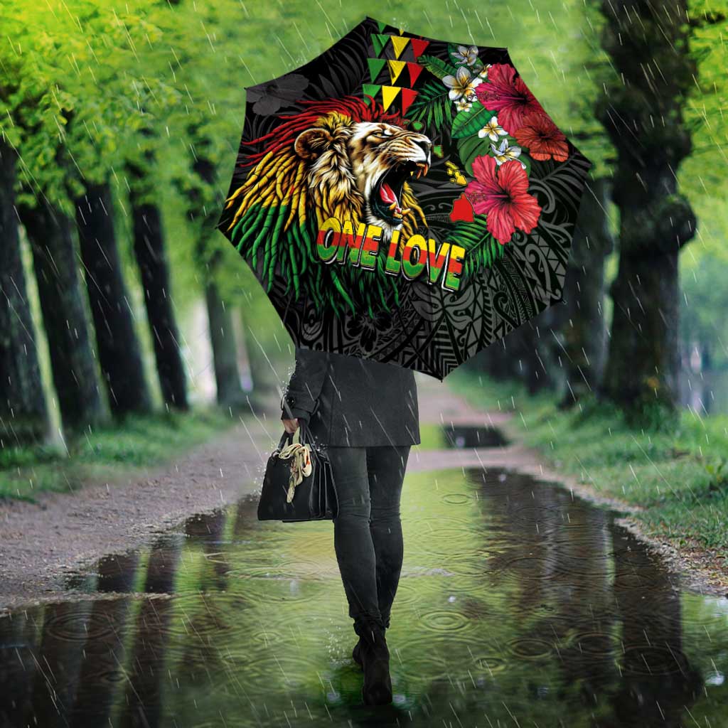 Hawaiian One Love Umbrella Reggae Lion Tropical Plants and Kakau with Tribal Pattern