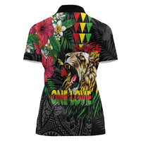Hawaiian One Love Women Polo Shirt Reggae Lion Tropical Plants and Kakau with Tribal Pattern