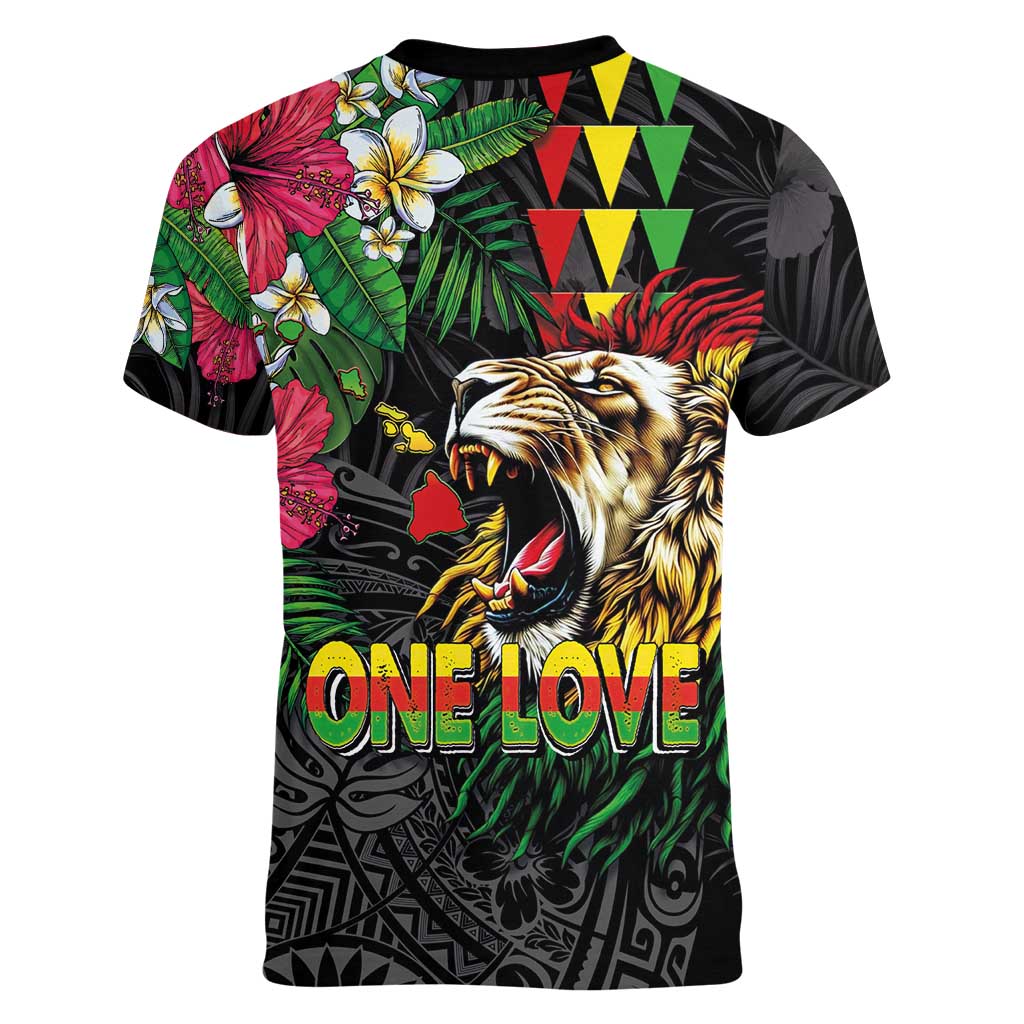 Hawaiian One Love Women V-Neck T-Shirt Reggae Lion Tropical Plants and Kakau with Tribal Pattern