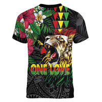 Hawaiian One Love Women V-Neck T-Shirt Reggae Lion Tropical Plants and Kakau with Tribal Pattern
