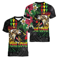 Hawaiian One Love Women V-Neck T-Shirt Reggae Lion Tropical Plants and Kakau with Tribal Pattern