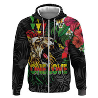 Hawaiian One Love Zip Hoodie Reggae Lion Tropical Plants and Kakau with Tribal Pattern