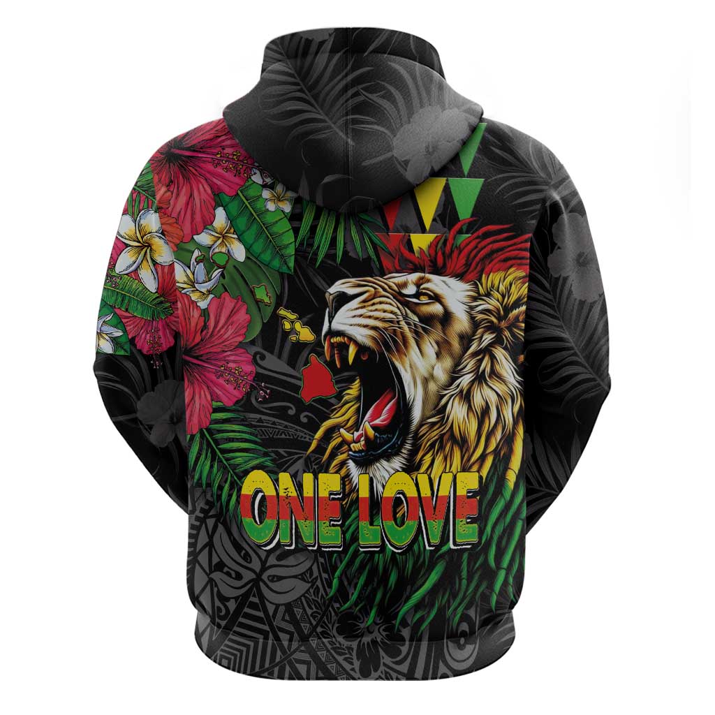 Hawaiian One Love Zip Hoodie Reggae Lion Tropical Plants and Kakau with Tribal Pattern
