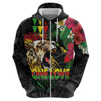 Hawaiian One Love Zip Hoodie Reggae Lion Tropical Plants and Kakau with Tribal Pattern
