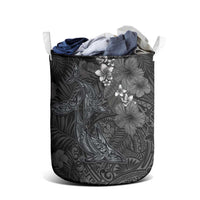 Hawaiian Tropical Plants and Tribal Whales Laundry Basket Polynesian Art Tattoo Grayscale