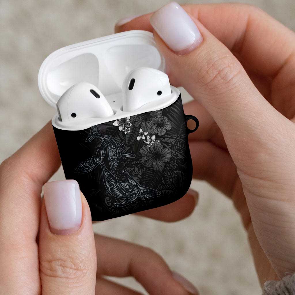 Hawaiian Tropical Plants and Tribal Whales AirPods Case Polynesian Art Tattoo Grayscale