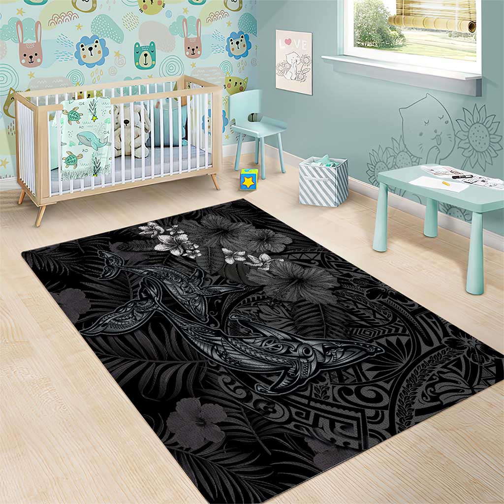 Hawaiian Tropical Plants and Tribal Whales Area Rug Polynesian Art Tattoo Grayscale