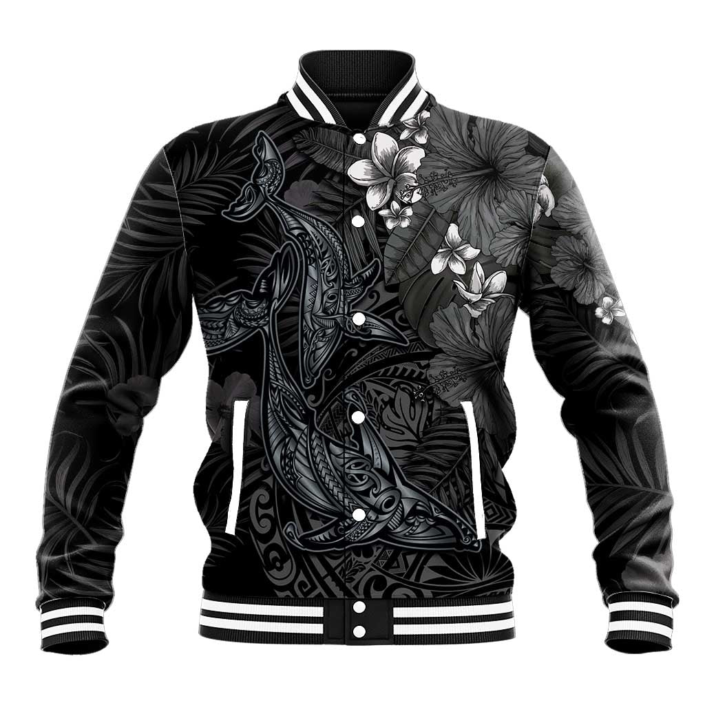 Hawaiian Tropical Plants and Tribal Whales Baseball Jacket Polynesian Art Tattoo Grayscale