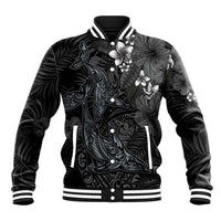 Hawaiian Tropical Plants and Tribal Whales Baseball Jacket Polynesian Art Tattoo Grayscale