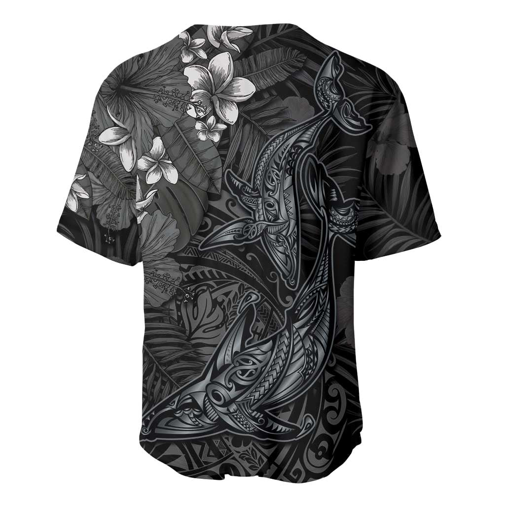 Hawaiian Tropical Plants and Tribal Whales Baseball Jersey Polynesian Art Tattoo Grayscale