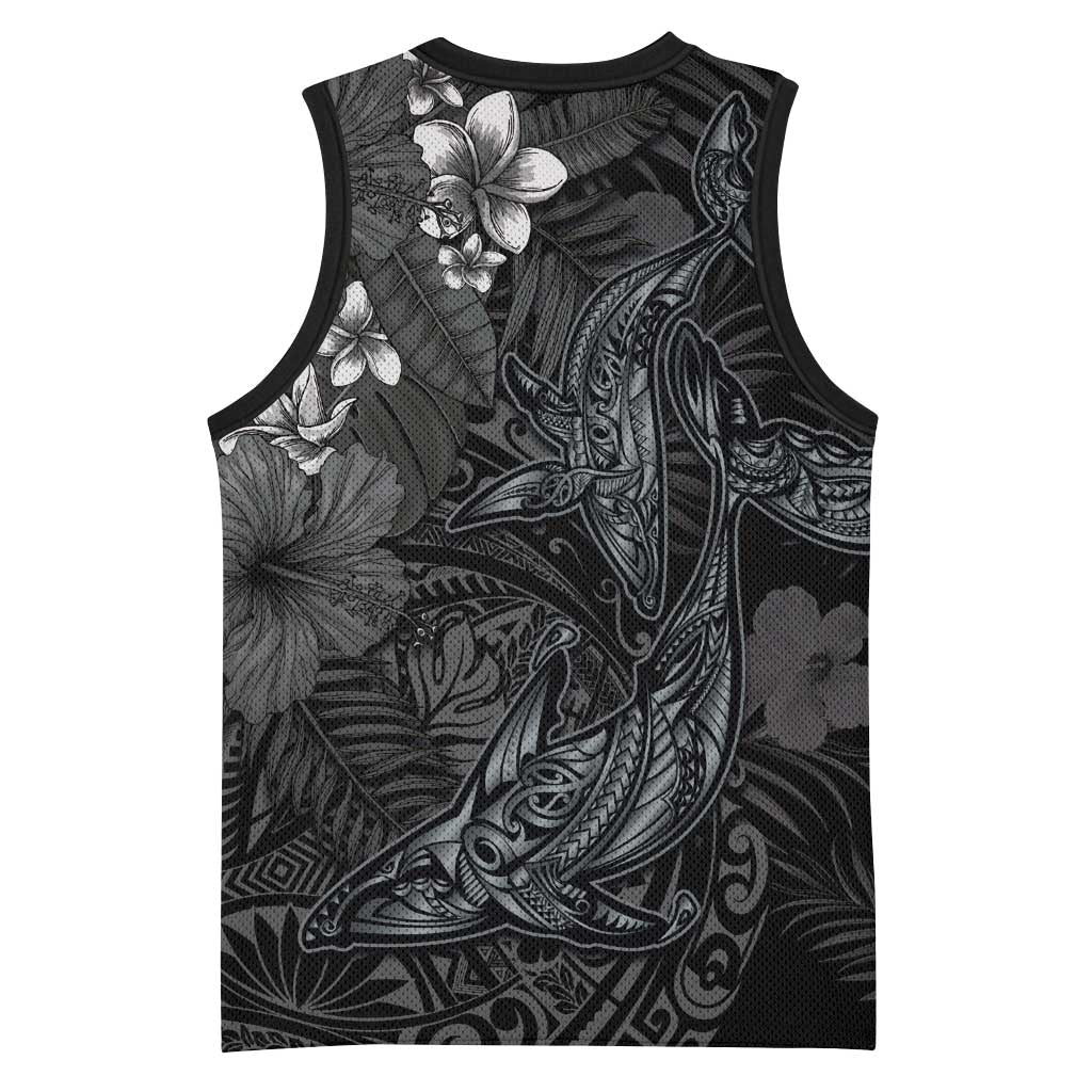 Hawaiian Tropical Plants and Tribal Whales Basketball Jersey Polynesian Art Tattoo Grayscale
