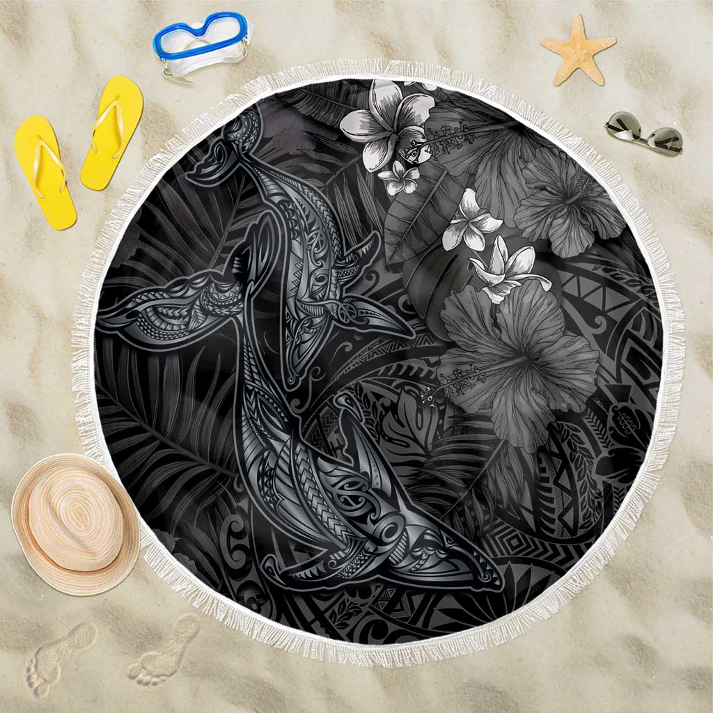 Hawaiian Tropical Plants and Tribal Whales Beach Blanket Polynesian Art Tattoo Grayscale