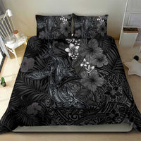 Hawaiian Tropical Plants and Tribal Whales Bedding Set Polynesian Art Tattoo Grayscale