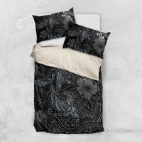 Hawaiian Tropical Plants and Tribal Whales Bedding Set Polynesian Art Tattoo Grayscale