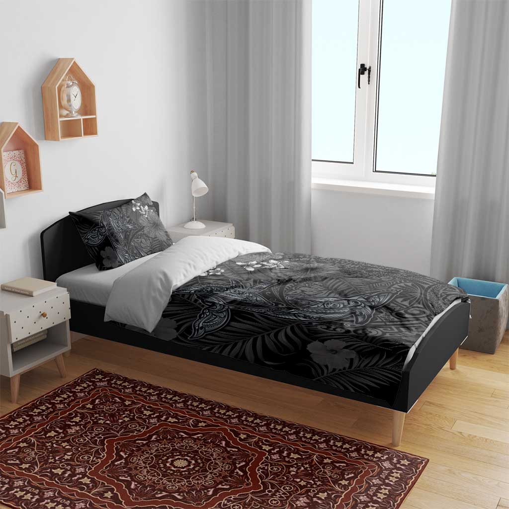 Hawaiian Tropical Plants and Tribal Whales Bedding Set Polynesian Art Tattoo Grayscale