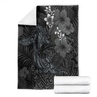 Hawaiian Tropical Plants and Tribal Whales Blanket Polynesian Art Tattoo Grayscale