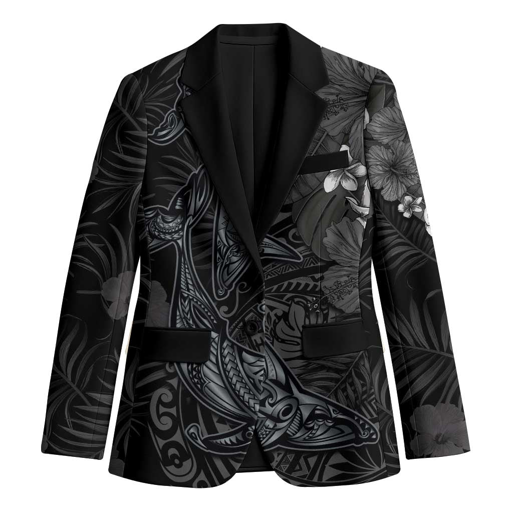 Hawaiian Tropical Plants and Tribal Whales Blazer Polynesian Art Tattoo Grayscale