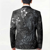Hawaiian Tropical Plants and Tribal Whales Blazer Polynesian Art Tattoo Grayscale
