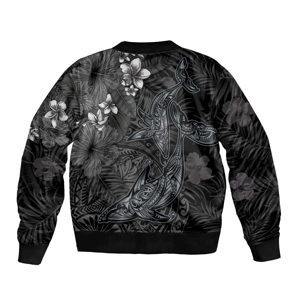Hawaiian Tropical Plants and Tribal Whales Bomber Jacket Polynesian Art Tattoo Grayscale