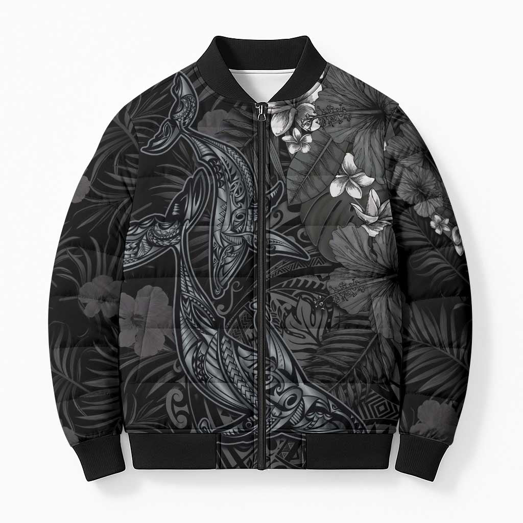 Hawaiian Tropical Plants and Tribal Whales Bomber Puffer Jacket Polynesian Art Tattoo Grayscale