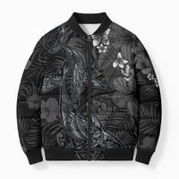 Hawaiian Tropical Plants and Tribal Whales Bomber Puffer Jacket Polynesian Art Tattoo Grayscale
