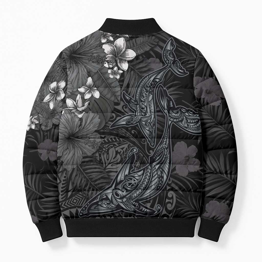 Hawaiian Tropical Plants and Tribal Whales Bomber Puffer Jacket Polynesian Art Tattoo Grayscale