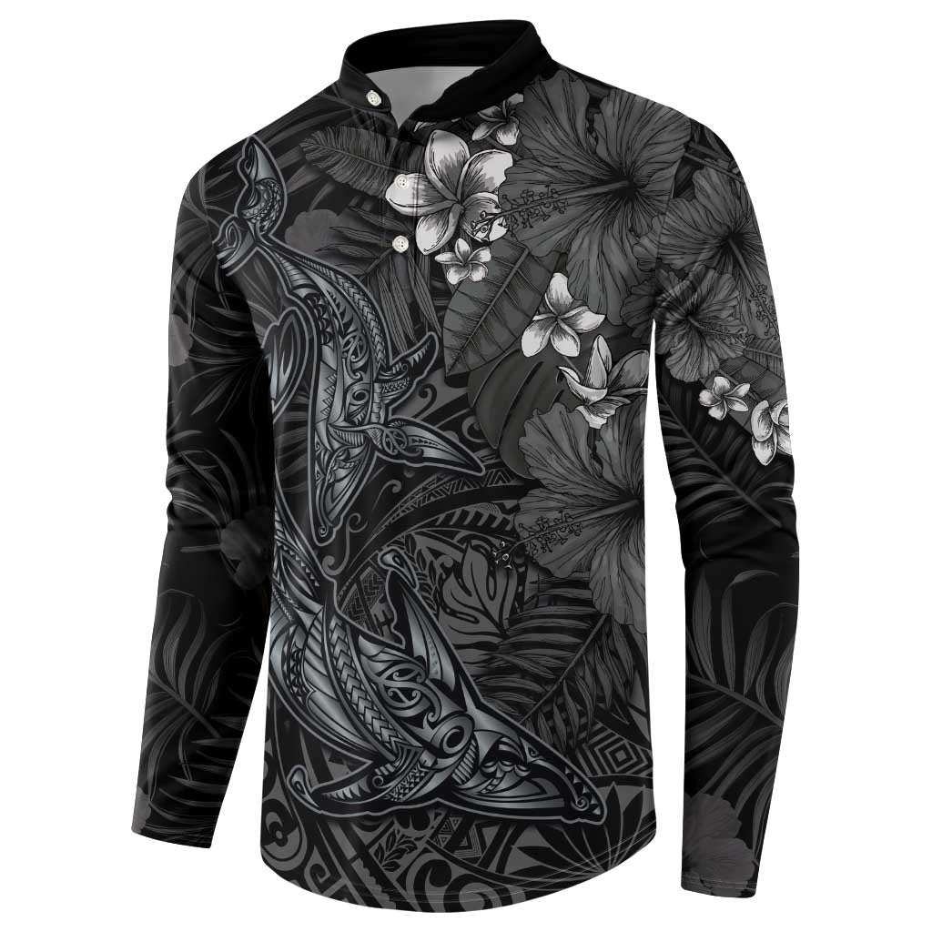Hawaiian Tropical Plants and Tribal Whales Button Sweatshirt Polynesian Art Tattoo Grayscale