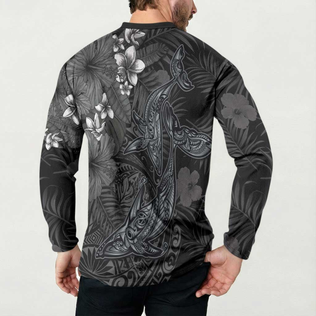 Hawaiian Tropical Plants and Tribal Whales Button Sweatshirt Polynesian Art Tattoo Grayscale