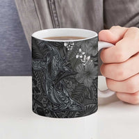 Hawaiian Tropical Plants and Tribal Whales Ceramic Mug Polynesian Art Tattoo Grayscale