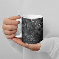 Hawaiian Tropical Plants and Tribal Whales Ceramic Mug Polynesian Art Tattoo Grayscale
