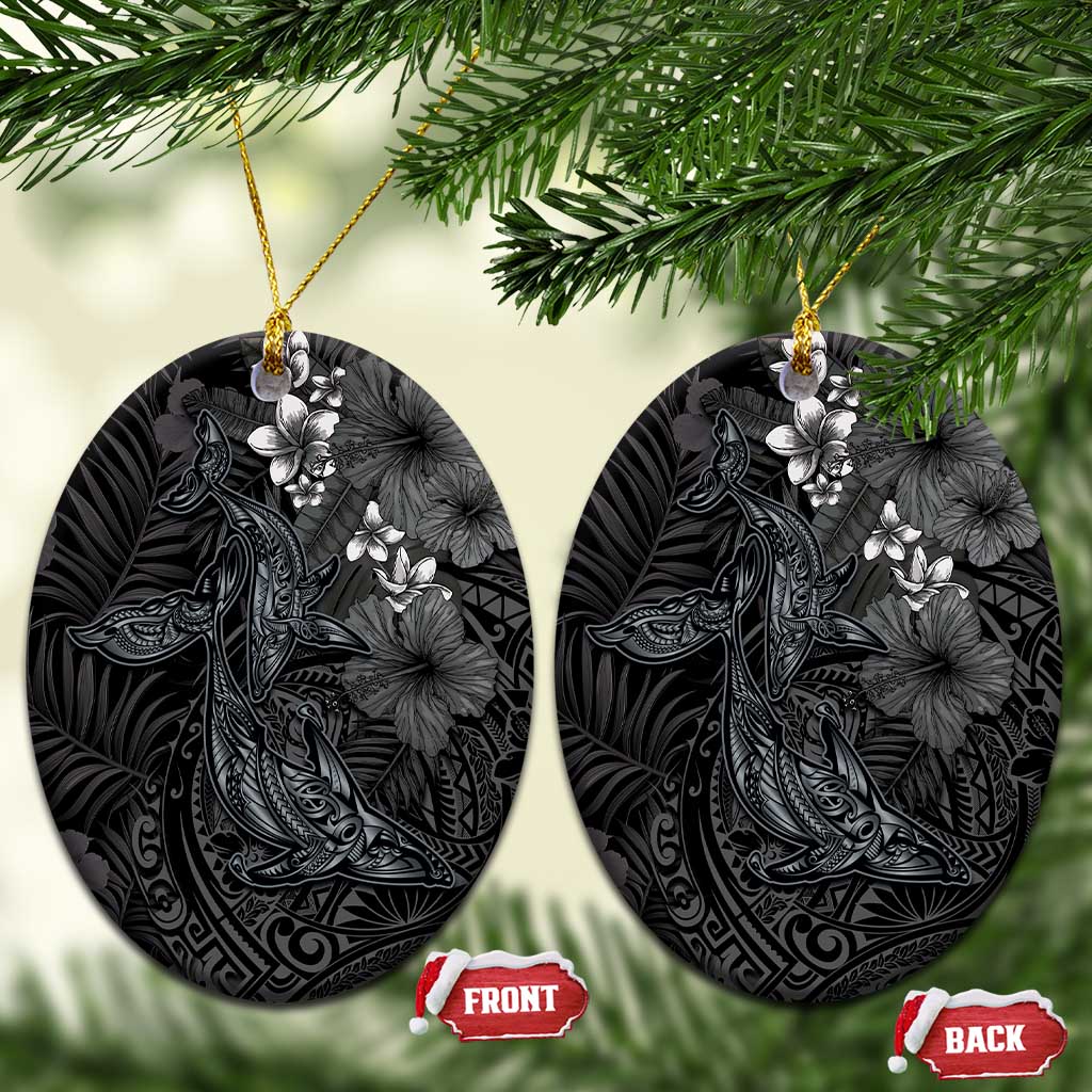 Hawaiian Tropical Plants and Tribal Whales Ceramic Ornament Polynesian Art Tattoo Grayscale