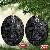 Hawaiian Tropical Plants and Tribal Whales Ceramic Ornament Polynesian Art Tattoo Grayscale