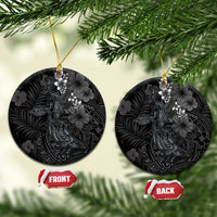 Hawaiian Tropical Plants and Tribal Whales Ceramic Ornament Polynesian Art Tattoo Grayscale