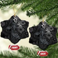 Hawaiian Tropical Plants and Tribal Whales Ceramic Ornament Polynesian Art Tattoo Grayscale