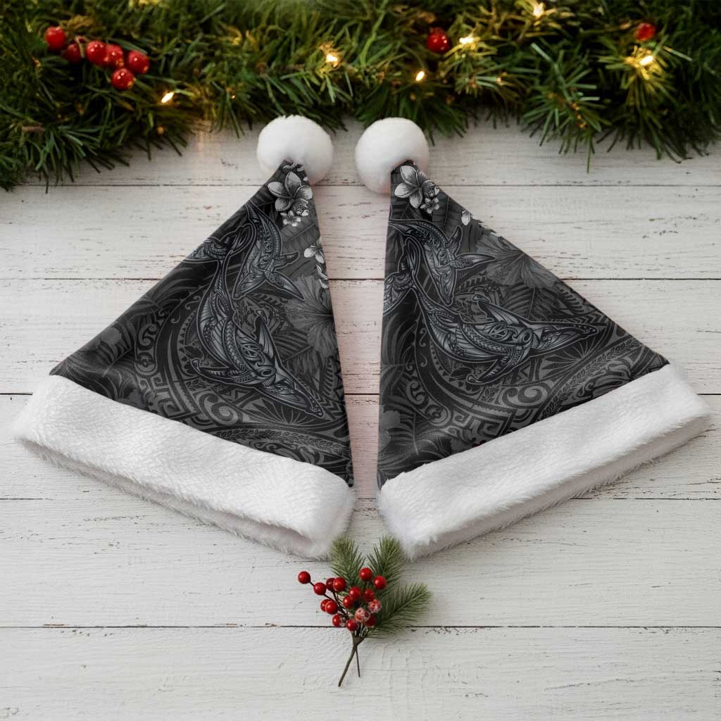 Hawaiian Tropical Plants and Tribal Whales Christmas Santa Hat Polynesian Art Tattoo Grayscale