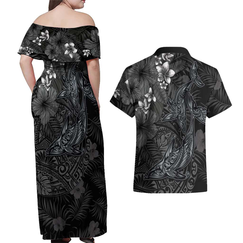 Hawaiian Tropical Plants and Tribal Whales Couples Matching Off Shoulder Maxi Dress and Hawaiian Shirt Polynesian Art Tattoo Grayscale LT03 - Polynesian Pride