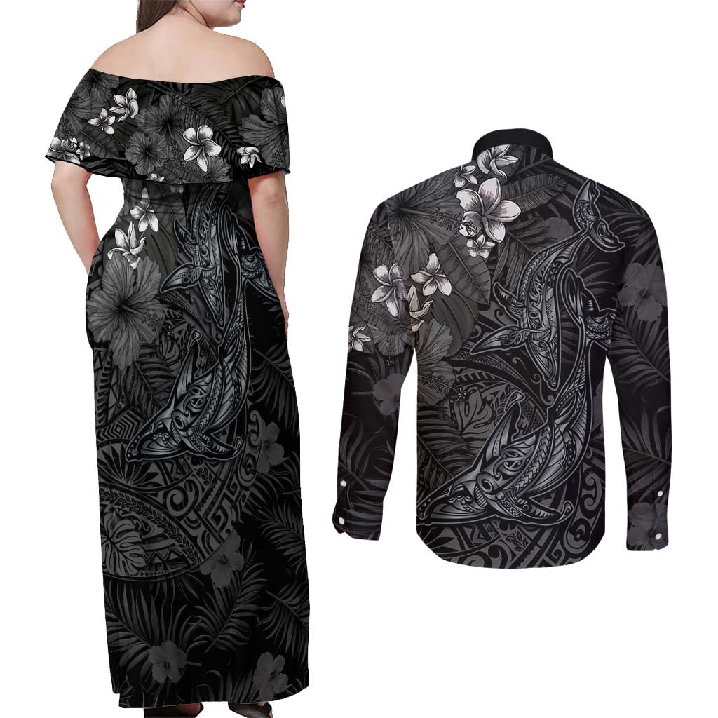 Hawaiian Tropical Plants and Tribal Whales Couples Matching Off Shoulder Maxi Dress and Long Sleeve Button Shirt Polynesian Art Tattoo Grayscale LT03 - Polynesian Pride
