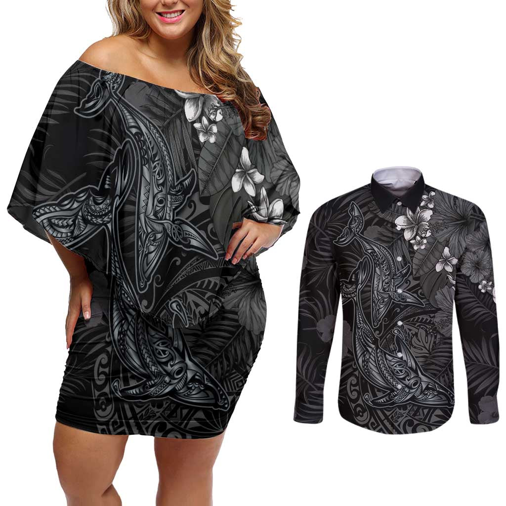 Hawaiian Tropical Plants and Tribal Whales Couples Matching Off Shoulder Short Dress and Long Sleeve Button Shirt Polynesian Art Tattoo Grayscale LT03 Black - Polynesian Pride