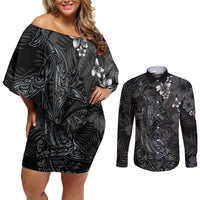 Hawaiian Tropical Plants and Tribal Whales Couples Matching Off Shoulder Short Dress and Long Sleeve Button Shirt Polynesian Art Tattoo Grayscale LT03 Black - Polynesian Pride