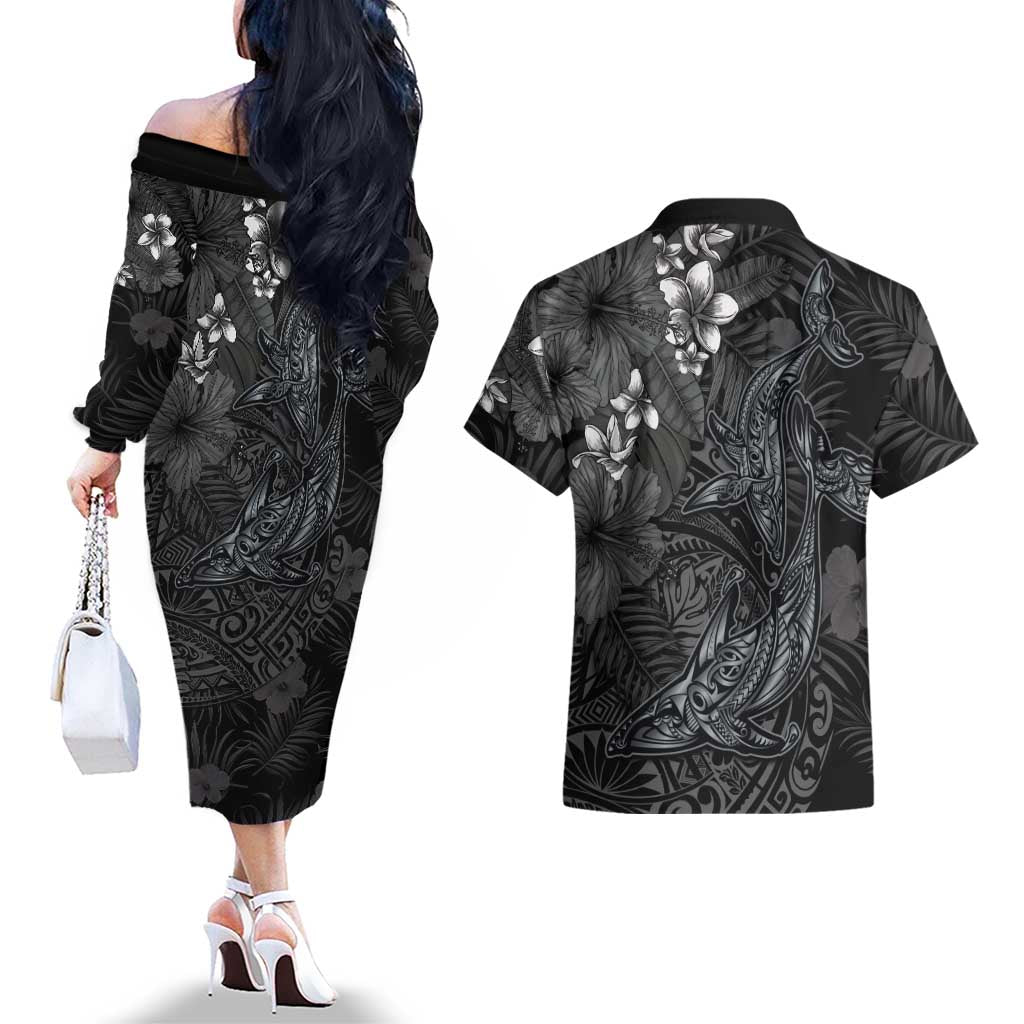 Hawaiian Tropical Plants and Tribal Whales Couples Matching Off The Shoulder Long Sleeve Dress and Hawaiian Shirt Polynesian Art Tattoo Grayscale LT03 - Polynesian Pride