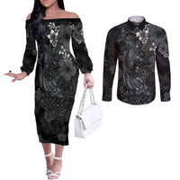 Hawaiian Tropical Plants and Tribal Whales Couples Matching Off The Shoulder Long Sleeve Dress and Long Sleeve Button Shirt Polynesian Art Tattoo Grayscale LT03 Black - Polynesian Pride