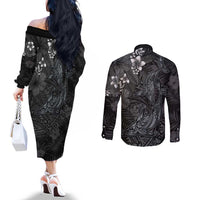 Hawaiian Tropical Plants and Tribal Whales Couples Matching Off The Shoulder Long Sleeve Dress and Long Sleeve Button Shirt Polynesian Art Tattoo Grayscale LT03 - Polynesian Pride