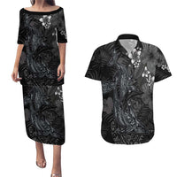 Hawaiian Tropical Plants and Tribal Whales Couples Matching Puletasi and Hawaiian Shirt Polynesian Art Tattoo Grayscale LT03 Black - Polynesian Pride