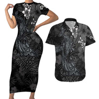 Hawaiian Tropical Plants and Tribal Whales Couples Matching Short Sleeve Bodycon Dress and Hawaiian Shirt Polynesian Art Tattoo Grayscale LT03 Black - Polynesian Pride